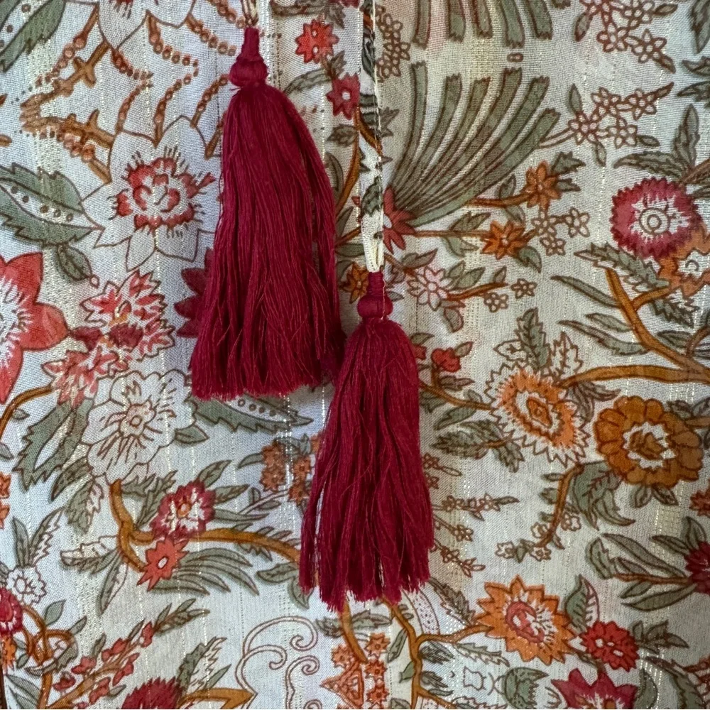 Miss June PARIS Helena boho peasant sheer floral tassel tie blouse OSFM - Picture 11 of 15